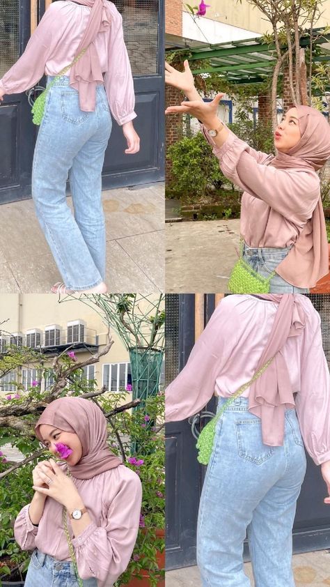 Dusty Pink Outfit Hijab, Outfit Pink Hijab Casual, Outfit Jeans Hijab, Dusty Pink Outfit, Kulot Outfit, Dusty Pink Outfits, Jeans Outfit Hijab, Outfit Ideas Hijab, Korean Style Hijab