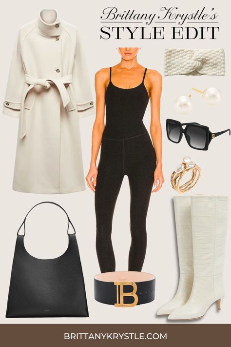 If you're wondering how to style a one piece body suit (unitard, catsuit, jumpsuit, full length body suit) for fall and winter, this black and cream outfit is a chic cold weather outfit idea for women. Black Unitard Outfit, One Piece Body Suit Outfit, Unitard Outfit Ideas, Parisian Chic Style Fall, Full Body Suit Outfits, Parisian Chic Style Winter, Unitard Outfit, Classy Parisian Style, One Piece Outfit Jumpsuit