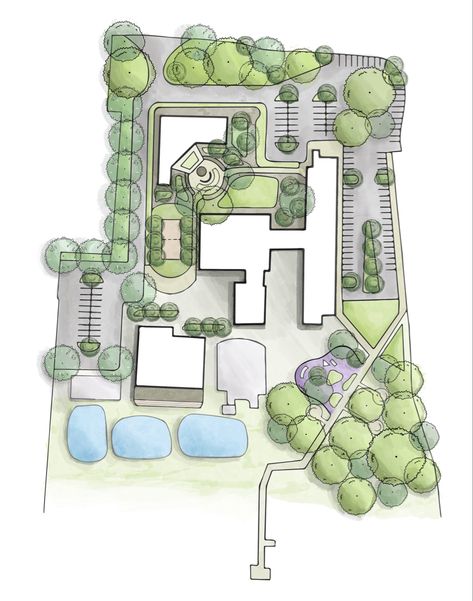 Hand drafted and procreate rendered landscape architecture plan Procreate Landscape Architecture, Hand Drafted Architecture Sheets, Site Plan Rendering Hand, Plan Rendering Architecture Photoshop, Plan Rendering Architecture, Architecture Photoshop, Site Plan Rendering, Plan Rendering, Rendering Architecture