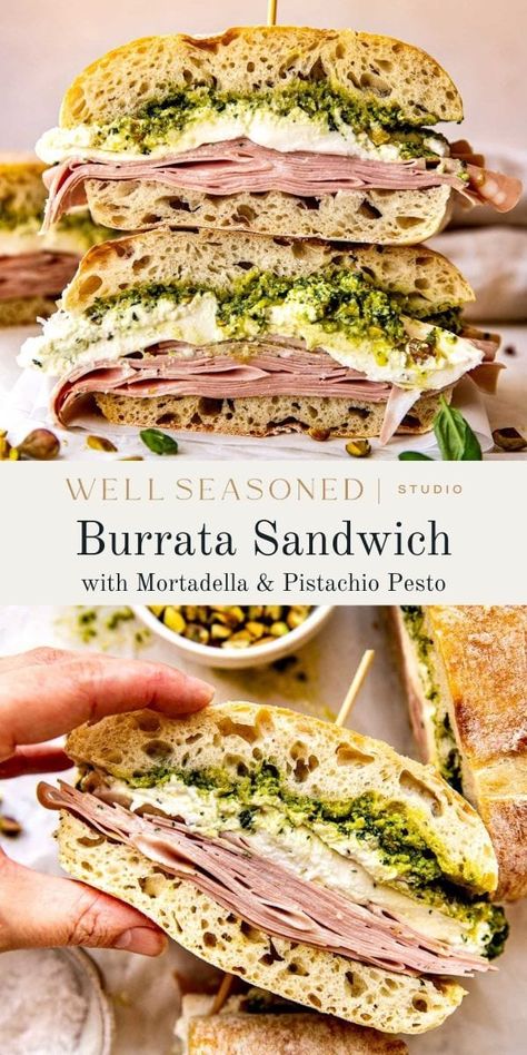 Mortadella Pistachio Sandwich, Best Deli Sandwiches, Italian Mortadella Sandwich, Mortadella Sandwich Recipes, Pesto Sandwich Ideas, Cold Sandwiches For Lunch, Ham Sandwich Ideas, Pool Sandwiches, Spring Sandwiches