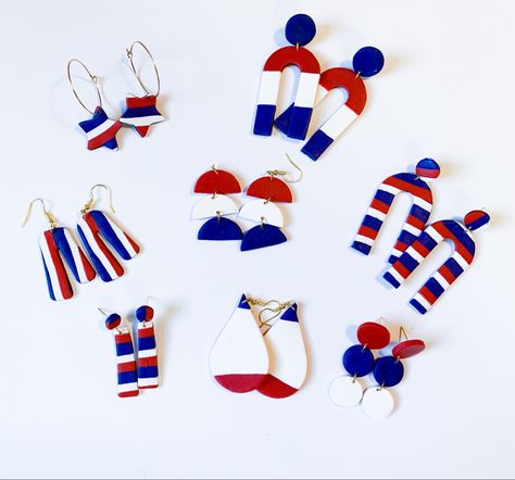 Patriotic Clay Earrings, 4th Of July Polymer Clay Earrings, 4th Of July Clay Earrings, Dyi Earrings, Polyclay Jewelry, Weekend Crafts, Diy Earrings Polymer Clay, Handmade Clay Jewelry, Polymer Earrings