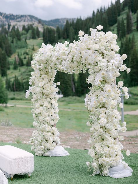 All White Flower Arch, White Flower Ceremony Arch, All White Floral Wedding Arch, White Rose Flower Arch, White Roses Arch Wedding, White Rose Ceremony Arch, White Flower Arbor, Wedding Arch Roses, Wedding Arch Orchid