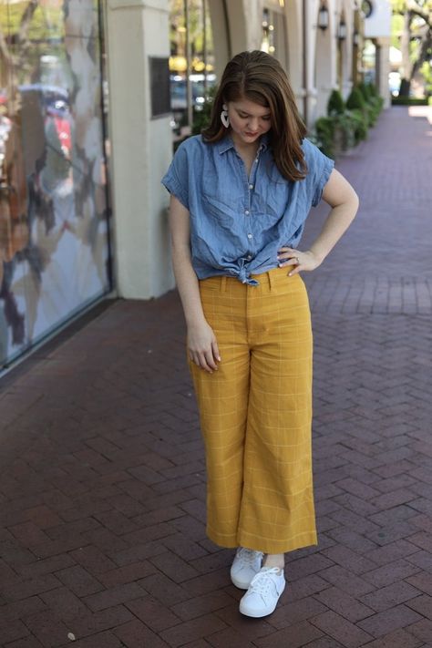 Mustard Cropped Pants Outfit, Mustered Pants Outfit, Yellow Wide Leg Cropped Pants Outfit, Mustard Pants Outfit Summer, Yellow Crop Pants Outfit, Madewell Emmett Pant Outfit, Mustard Yellow Palazzo Pants Outfit, Yellow Mustard Pants Outfit, Mustard Yellow Wide Leg Pants Outfit