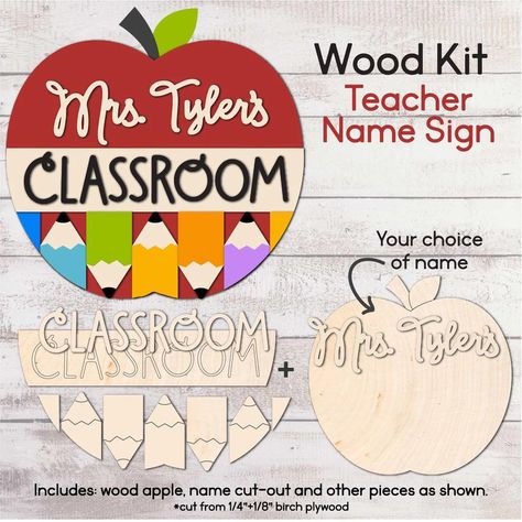 Make a one of a kind sign for your favorite teacher! 🍎🎨 Paint it with some fun colors and make the whole class smile when they enter the classroom! 👉🏼 https://www.wallcutz.com/collections/new-stencils/products/wood-kit-teacher-name-classroom-door-hanger-kit #easyassembly #doorhanger #cutecrafts #easycrafts #woodkits #teacher #classroomcrafts #craftsforkids #teacherappreciationgifts Teacher Paint, Apple Sign, Tape Face, Classroom Door Signs, Wooden Apple, Glowforge Projects, Laser Focus, Wood Apples, Teacher Doors