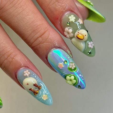 Cute Mix Match Nails, Nail Art Crazy, 3d Kawaii Nails, Pigeon Nails, Mofusand Nails, Pond Nails, Duck Nail Art, Moss Nails, Pie Nails