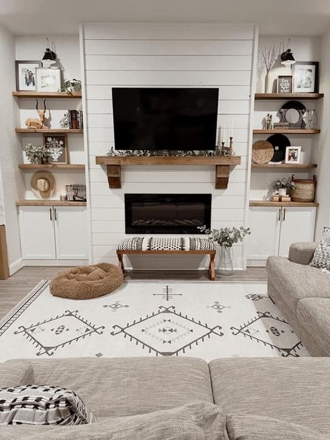 Boho Farmhouse Large Wall Decor, Shiplap Fireplace With Built Ins On Both Sides, 1400 Sq Ft House Interior Design, Living Room Inspo Modern Farmhouse, Fireplace With Entertainment Center, Small Living Room Mantle, Apartment Fireplace Decor With Tv, Above Cabinet Decor Vaulted Ceiling, Gas Fireplace Without Chimney