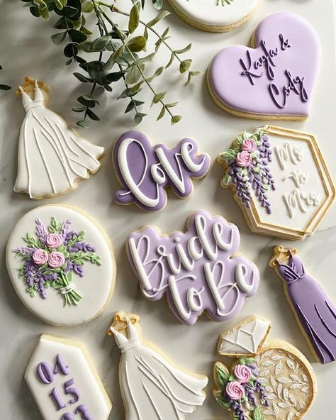 Bridal Shower Cookies Lavender, Wedding Cookie Ideas Decorated, Purple Wedding Cookies Decorated, Bridal Shower Cake Purple, Purple Bridal Shower Cookies, Future Mrs Cookies, Butterfly Bridal Cookies, Miss To Mrs Cookies Decorated, Purple Wedding Cookies