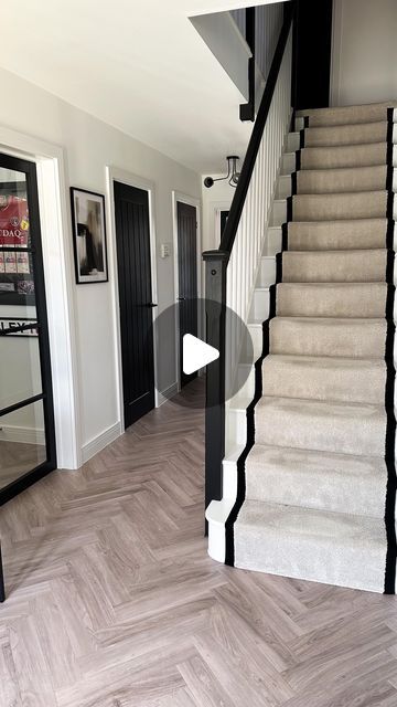 Nicola - The Monochrome Manor on Instagram: "H A L L W A Y 

My favourite transformation, our hallway! 

Carpet & flooring - Carpet Connection (Ordered/fitted)
Carpet - Primo Grande in almond mousse by  STS Flooring 
LVT Flooring - Inspiration in English Oak Grey Beige, Tarkett
Glass door - Leader Doors
Ceiling light - B&Q
Prints - The House Outfit
Black paint (doors & banister) - Loof, Frenchic
Glass console table - Furniture 123
Mirror - William Wood
Wooden ornament - Olivia’s *gifted

#bellway #bellwayhomes #bellwaynewbuild #bellwayhomesnewbuild #bellwayhome #newhouse #newhome #newbuildhome #housebuilding #house #homeaccounts #homeaccountuk #homeaccount  #diyinteriordecorating #diyhomedecor #homesofinsta #newbuildjourney #realhomesofinstagram #housetohome #neutraldecor #monochromedecor Black And Beige Hallway, Almond Mousse, Cream Hallway, Neutral Hallway, Leader Doors, Black And White Hallway, Furniture 123, Beige Hallway, Twig Garland