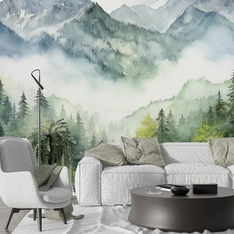 Foggy Forest And Trees Peel And Stick Wallpaper, Pine Tree Wallpaper, Tropical Landscape Mural, Removable Wallpaper, Home Decor #foggy #foggyforest #pine #pinetree #tropical #removablewallpaper #floral #patternwallpaper #floralwallpaper #exquisite #darkfloral #peelandstickwallpaper #vintageflowers #mixedflowers #homedecor #homedesign #homedecoration #wallpaper #wallpapermiami #babyroomdecor #babyroomwallpaper Color Block Wall, Fellowship Hall, Great Room Ideas, Headboard Bedroom, House Design Inspiration, Living Room Murals, Forest Mural, Watercolor Forest, Mountain Wallpaper