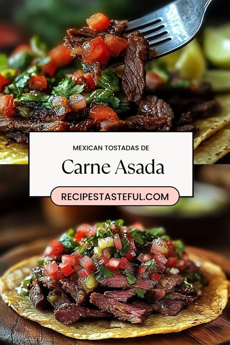 Crispy tostadas topped with tender, flavorful carne asada, fresh toppings, and tangy salsa—this classic Mexican dish is the perfect balance of savory, crunchy, and delicious! Mexican Tostadas, Tostada Shells, Creamy Guacamole, Carne Asada Recipes, Crispy Corn, Marinated Flank Steak, Mexican Crema, Cream Fresh, Mexican Dish