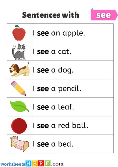 Sentences with See, Example Sentences with See Pictures PDF Worksheet For Kids - WorksheetsHere.com I See Sentences Kindergarten, Reading Simple Sentences Kindergarten, I See Worksheet, Short Sentences For Kids, See Worksheet, Simple Sentences For Kindergarten, Comprehension Kindergarten, Writing Worksheets Kindergarten, Sentences Kindergarten