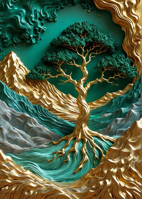 tree, luxury, emerald, green, carved, phone wallpaper, aesthetic wallpaper,  3d wallpaper, sculpture, gold, golden, landscape, mountains Green And Gold Wallpaper Iphone, Emerald And Gold Wallpaper, Green And Gold Phone Wallpaper, Wallpaper Sculpture, Golden Tree Wallpaper, Green And Golden Wallpaper, Golden Forest Fantasy Art, Golden Landscape, Phone Wallpaper Aesthetic