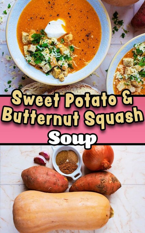 Butternut Squash soup with a text overlay title. Potato Butternut Squash Soup, Butternut Squash Sweet, Vegan Slow Cooker Recipes, Freeze Sweet Potatoes, Vegan Slow Cooker, Comforting Soup, Bacon On The Grill, Vegan Pasta Recipes, Vegan Curry