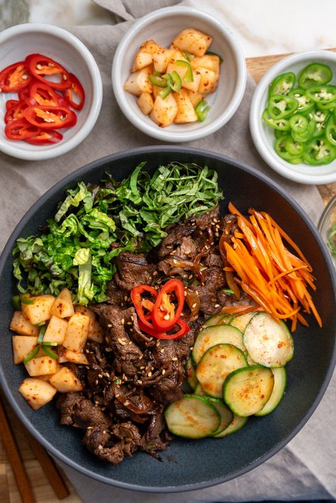 Bulgogi Bibimbap - Chasing Cravings Bulgogi Bibimbap, Bulgogi Sauce, Korean Bbq Beef, Parmesan Crusted Potatoes, Bulgogi Recipe, Gochujang Sauce, Korean Side Dishes, Bacon Stuffed Mushrooms, Kale And Spinach