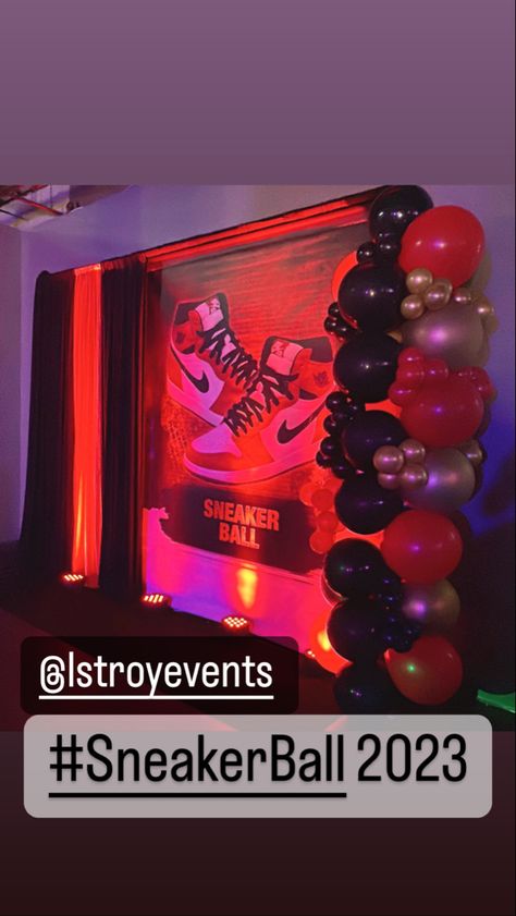 Sneaker Bash Party, Sneaker Backdrop, Sneaker Ball Backdrop Ideas, Sneaker Themed Birthday Party, Sneaker Ball Party Ideas Women, Sneakerball Decor, Sneaker Ball Decor Ideas, Sneaker Ball Centerpieces, Sneaker Ball Party Decorations