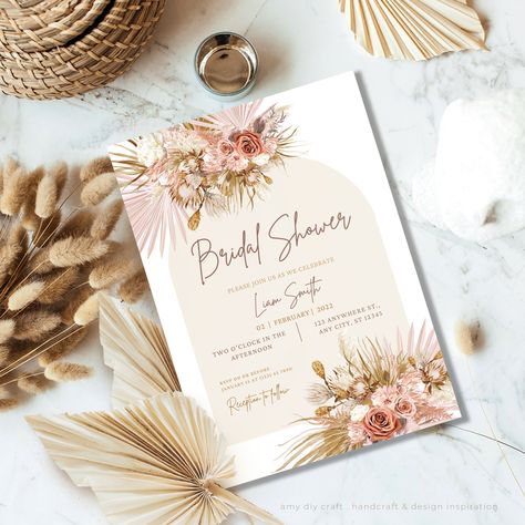 Bohemian Bridal Shower Invitation | Wedding Invitation Set | Pampas Grass Bridal Shower | Editable Boho Bridal Shower Template Bohemian Wedding Invitation, Boho Bridal Shower Invitations, Bohemian Bridal Shower, Pink Bohemian, Mobile Editing, Bridal Invitations, Bridal Shower Cards, Boho Bridal Shower, Canva Website