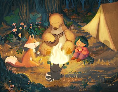 Bear Camping Illustration, Reply 1988 Fanart, Camping Illustration Art, Campfire Illustration, Camp Illustration, Camping Illustration, Reply 1988, Kid Book, Chibi Sketch