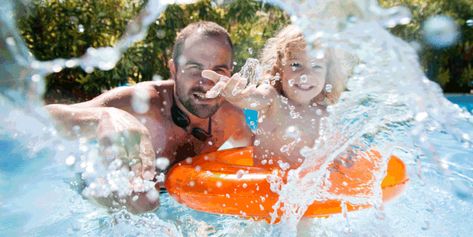 Vacation is the perfect time for kids to learn to swim. Follow these easy teaching tips and they'll be leaping into the deep end and the waves in no time. Family Villa, Fun Summer Activities, Pool Service, Cocktails Bar, Fiberglass Pools, Tropical Resort, Waterpark, Summer Family, Long Trips