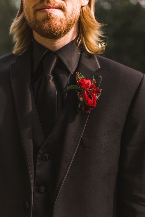 Black And Red Suit Wedding, Bride With Red Hair, Black And Dark Red Wedding Theme, Dark Wedding Suit, Black On Black Suit Wedding, All Black Wedding Suit For Groom, Red And Black Groom, Black And Wine Wedding, Goth Wedding Suit