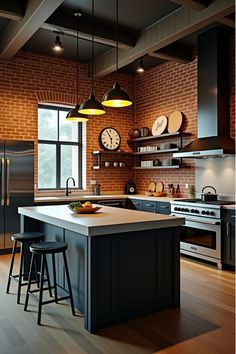 Exposed Brick Kitchen, Steel And Concrete, Modern Kitchen Ideas, Industrial Kitchen Design, Brick Kitchen, Minimalist Layout, Industrial Kitchen, Raw Beauty, Trendy Kitchen