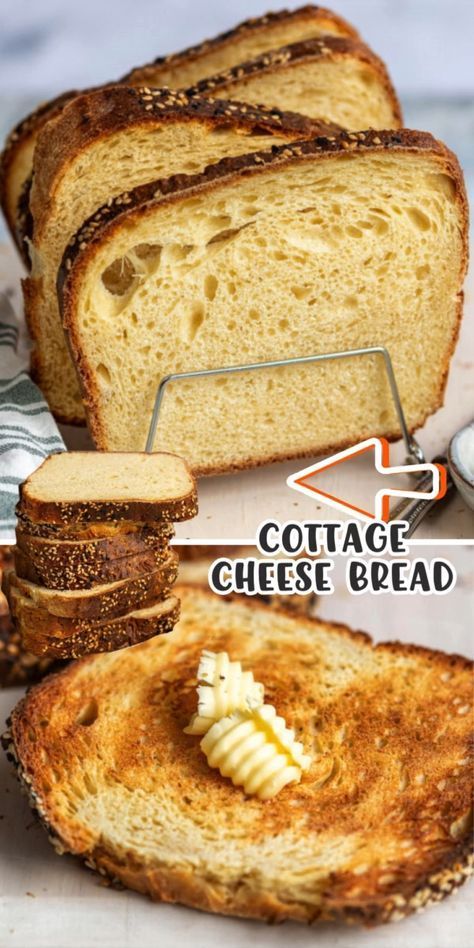 Cottage cheese bread is a delicious high protein sandwich bread made with cottage cheese, eggs and bread flour. It has a firm crust and soft crumb and tastes absolutely heavenly toasted and is perfect for open-face sandwiches. Cottage Cheese Loaf, High Protein Sandwich, Cottage Cheese Bread Recipe, Eggs And Bread, Cottage Cheese Bread, Cottage Cheese Dessert Recipes, Protein Sandwich, Cheese Loaf, Cottage Cheese Recipes Healthy