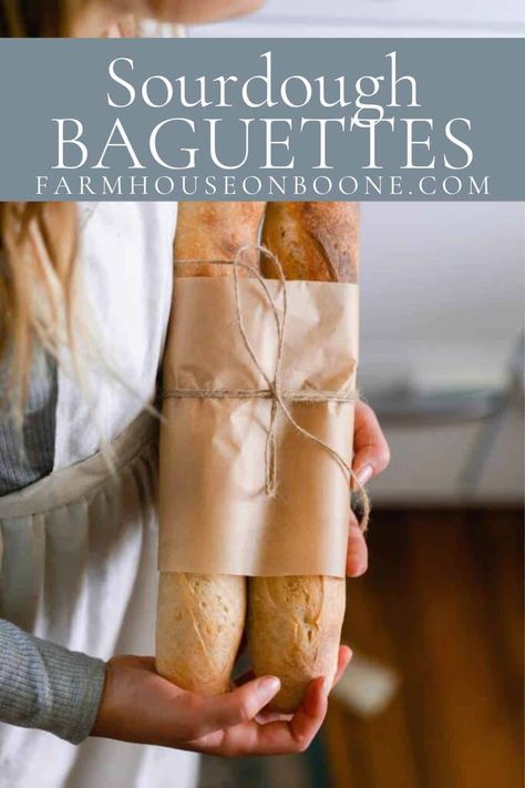 A sourdough baguette is the perfect side to nearly any dinner. With a perfect crispy crust and chewy interior, you’ll love the savory tang of this classic French bread. #farmhouseonboone #sourdoughbaguettes #baguettes Bread Machine Baguette Dough, Same Day Sourdough French Bread, Whole Wheat Sourdough Baguette, French Bread Sourdough, Easy Sourdough Baguette Recipe, Sourdough French Baguette, Sourdough French Baguette Recipe, Sourdough Baggett Recipe, Sourdough Discard Baguette