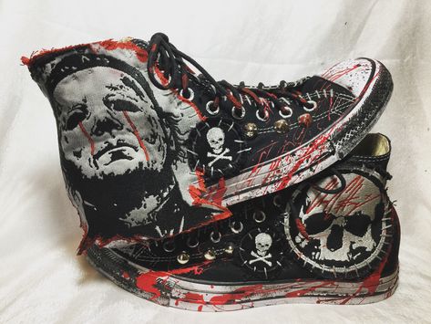 Blood of The Shape shoes. All Star Chuck Taylor Hi Top Converse shoes. ChadCherryClothing horror themed, studded, embroidered shoes. Grunge Shoes, All Star Converse, Goth Shoes, Punk Shoes, Tokyo Street Fashion, Star Converse, Dr Shoes, All Stars Converse, Estilo Punk