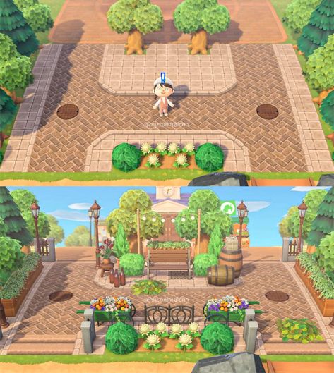 Plaza Acnh Ideas, Acnh Plaza Idea Cottagecore, Plaza Ideas Acnh, Animal Crossing Plaza Path, Plaza Design Acnh, Plaza Design Animal Crossing, Acnh Island Builds, Acnh Plaza Design, Animal Crossing Residential Services