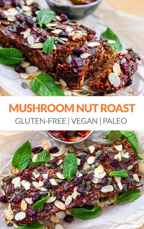 Nut Roast With Mushrooms & Vegetables (Vegan, Paleo, Gluten-Free, Dairy-free, Egg-free, Grain-Free, Legume-Fee). Perfect plant-based alternative to Sunday roast, Christmas, Thanksgiving and Easter. #nutroast #nutloaf #nuts #mushrooms #vegan #christmas #veganrecipes #paleo #paleorecipes #glutenfree #grainfree #christmas #thanksgiving Tempeh Benefits, Roast With Mushrooms, Vegan Nut Roast, Roasted Nuts Recipe, Thanksgiving Sunday, Mains Recipes, Fiber Recipes, Nut Roast, Sunday Roast Dinner