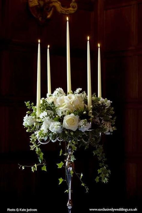 Candleabra Wedding, White Stocks, Candelabra Flowers, Candelabra Wedding Centerpieces, Adare Manor, Candelabra Wedding, Silver Candelabra, Candelabra Centerpiece, Kate Jackson