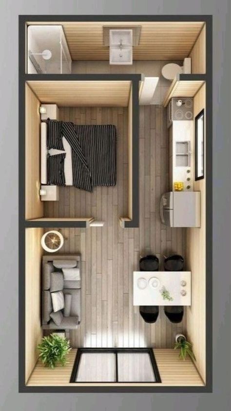 Mini House Design, Layout Apartment, Wallpaper Decor Ideas, Shack House, Wallpaper Design Ideas, Bedroom Layout Design, Studio Apartment Floor Plans, Tiny Home Office, Garage To Living Space