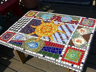 Outdoor Mosaic Table | I built the legs and base for this fr… | Flickr Rectangle Mosaic Table, Outdoor Mosaic Table, Wood And Cement, Mosaic Outdoor Table, Mosaic Table Tops, Small Garden Table, Mosaic Outdoor, Outdoor Mosaic, Bottle Cap Table