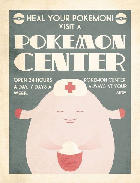 This is a good poster because it show logos by them giving facts that it is open 24 hours a day, open 7days a week. They want you to go to their center so they say that you are welcome to come. It also has nice lettering so you'll be able to see the poster from afar. Pokemon Room, Pokemon Poster, Gotta Catch Them All, Minimalist Posters, Pokemon Party, Pokemon Center, Pokémon Master, My Pokemon, Catch Em All