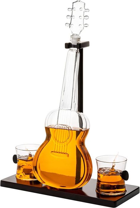 Decanter set with guitar shaped decanter, two rocks glasses and matching guitar shaped steel whiskey chiller stones. Lover Guitar, Wine Decanter Set, Alcohol Dispenser, Whiskey Set, Whiskey Decanter Set, Whiskey Bar, Liquor Decanter, Whiskey Decanter, Decanter Set