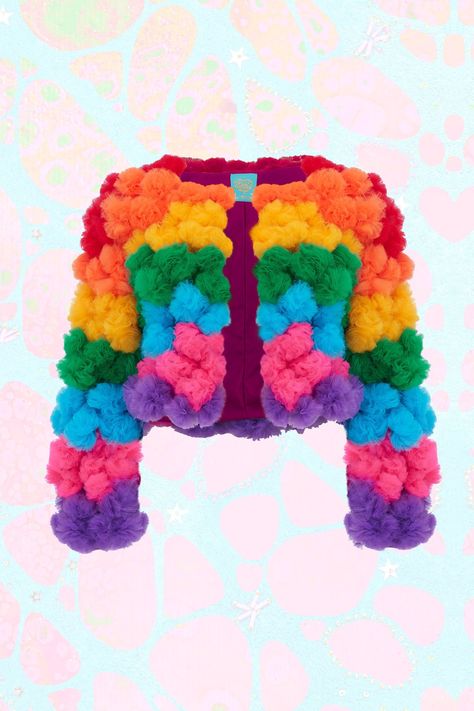 Pom Pom Jackets, Candy Outfit, Tulle Pom Pom, Colourful Fashion, Tulle Poms, Party Jacket, Pom Crafts, Festival Clothes, Design Tech