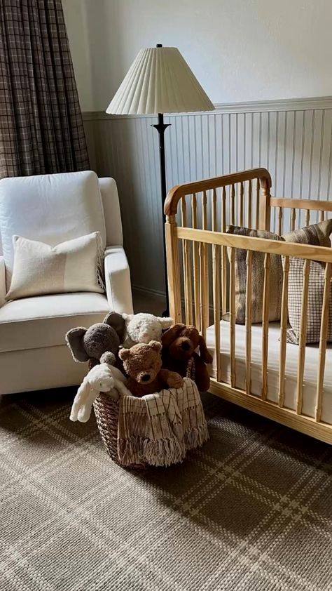 Mixed Nursery Furniture, Amber Lewis Nursery, Nesting Crib Nursery, Picture Rail Nursery, Simple Baby Boy Nursery Ideas, Brown And Cream Nursery, Amber Interiors Nursery, Spanish Style Nursery, Crib In Front Of Window