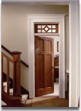 Interior Doors Craftsman Wood Doors with white trim Craftsman Interior Trim, Craftsman Style Window Trim, Doorway Ideas, White Baseboards, Craftsman Interior, Zen Den, Stained Doors, Revere Pewter, Panel Door