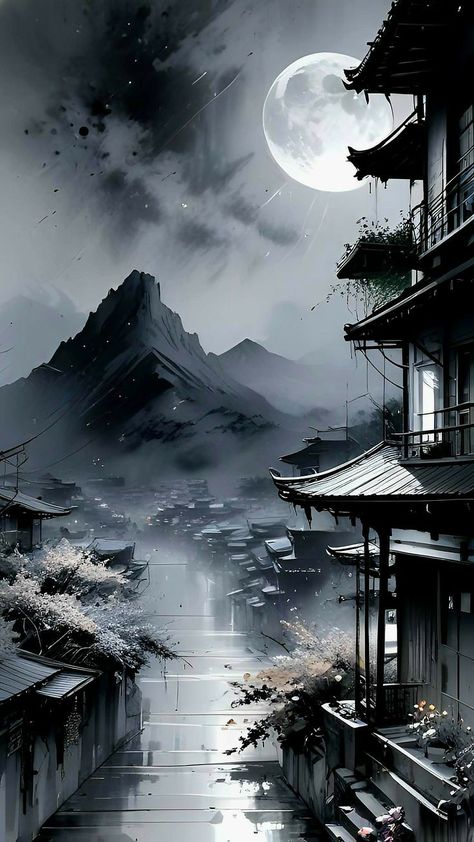 Really Cool Wallpapers, Night Sky Moon, Lady Bird Lake, Samurai Wallpaper, Moon Images, Japanese Art Prints, Japon Illustration, Sky Moon, Japanese Landscape