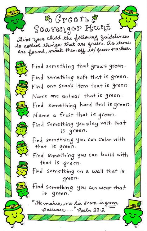 Green scavenger hunt - something fun to do with the kiddos for st. patrick's day! Sant Patrick, Treasure Hunt For Kids, Happy Home Fairy, St Patricks Crafts, March Activities, St Patricks Day Crafts For Kids, St Patrick Day Activities, Scavenger Hunt For Kids, Saint Patties