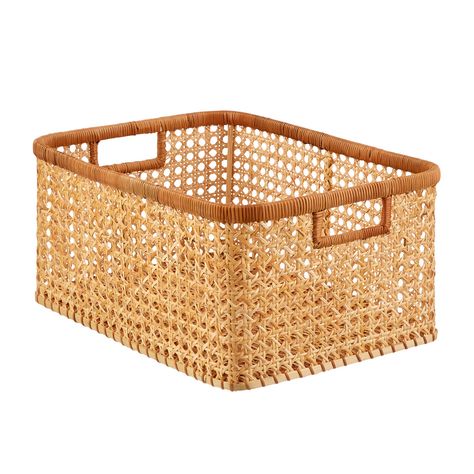 Albany Cane Rattan Bins | The Container Store Guest Room Baskets, Small Entryway Bench, Small Foyers, Bathroom Vanity Organization, Cane Baskets, Rattan Cane, Small Entryways, Decorative Storage Boxes, Vanity Organization