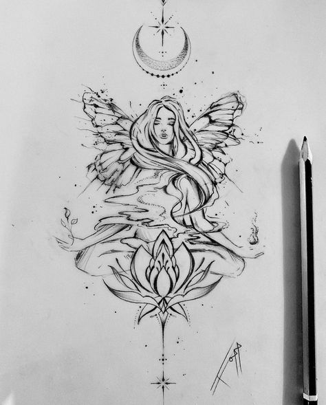 Lotus And Lion Tattoo, Air Goddess Tattoo, Butterfly Goddess Tattoo, Fairy Nature Tattoo, Goddess Leg Tattoo, Fairy Goddess Tattoo, Fire Goddess Tattoo, Mystical Tattoos For Women Sleeve, Goddess Artwork Divine Feminine