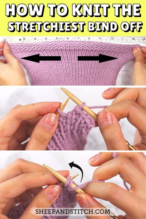 how to knit a stretchy bind off Knitting Finishing Off, How To Bind Off Loosely In Knitting, Super Stretchy Bind Off, Knitting Stretchy Bind Off, Knit Stretchy Bind Off, How To Knit For Beginners Video, Stretchy Bind Off Knitting Tutorials, Loose Bind Off Knitting, Loose Cast Off Knitting