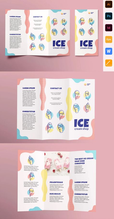 Ice Cream Shop Brochure Trifold Template AI, EPS, INDD, PSD Ice Cream Brochure, Simple Brochure Design, Kids Brochures, Brochure Examples, Brochure Trifold, Brochure Design Creative, Brochure Design Layout, Trifold Brochure Design, Pamphlet Design