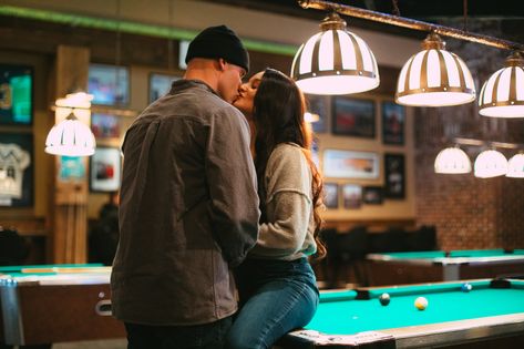 couple, billiards, pool table, bar Couples Playing Pool Table, Couple Playing Pool, Pool Hall Engagement Photos, Pool Table Couple Photoshoot, Engagement Photos Pool Table, Pool Table Engagement Photos, Pool Table Photoshoot, Pool Poses, Pool Halls