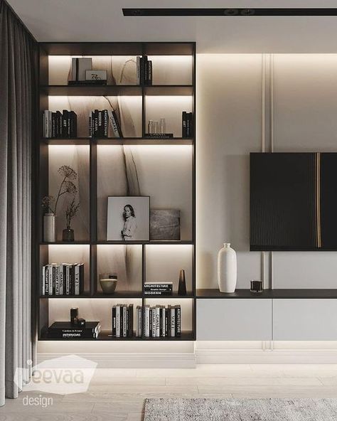 Modern Bookcase Design, House Interior Living Room, Desain Pantry, House Interior Decor Ideas, Bookcase Design, Interior Living Room, Tv Wall Design, Wall Designs, 아파트 인테리어