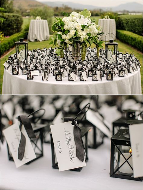 little lantern escort cards. To buy these lanterns go here: http://www.save-on-crafts.com/tealight-lantern-black-5.html Wedding Table Elegant, Wedding Flowers Elegant, Creative Seating Cards, Unusual Weddings, Wedding Lanterns, Seating Cards, Wedding Name, Cards Ideas, Seating Chart Wedding