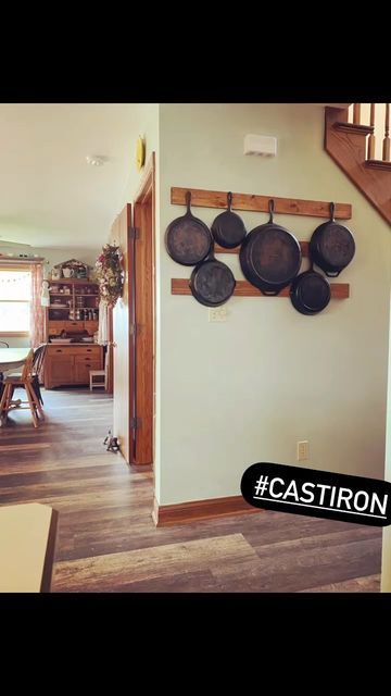 Half Organized Mom on Instagram: "I love my cast iron pans but they take up a lot of room. Wall storage is functional and pretty 🥘 #halforganizedmom #organizedmom #castironpans #castironstorage #wallstorage #functionalandpretty" Cast Iron Skillet Wall Display Ideas, Cast Iron Pan Holder, Cast Iron Rack, Pots And Pans Wall Storage, Storing Cast Iron Skillets, Cast Iron Pans On Wall, Cast Iron Skillet Hanging Ideas, Hanging Pans On Wall, Cast Iron Wall Storage