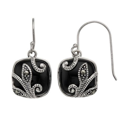 Perfect any ensemble with these stylish onyx and marcasite drop earrings. Click on this JEWELRY & WATCHES GUIDE to learn about fit, styles, materials and more! Perfect any ensemble with these stylish onyx and marcasite drop earrings. Click on this JEWELRY & WATCHES GUIDE to learn about fit, styles, materials and more! FEATURES Dimensions: 14 mm x 12 mm Metal: sterling silver Plating: sterling silver Backings: wire Nickel free Finish: milgrain, oxidized, polished Packaging: boxedSTONE DETAILS Sto Silver Marcasite Jewelry For Gifts, Silver Marcasite Jewelry With Gemstone, Silver Oxidized Marcasite Jewelry, Vintage Marcasite Jewelry, Vintage Marcasite Silver Jewelry, Onyx, Jewelry Watches, Jewelry Box, Jewelry Earrings Dangle