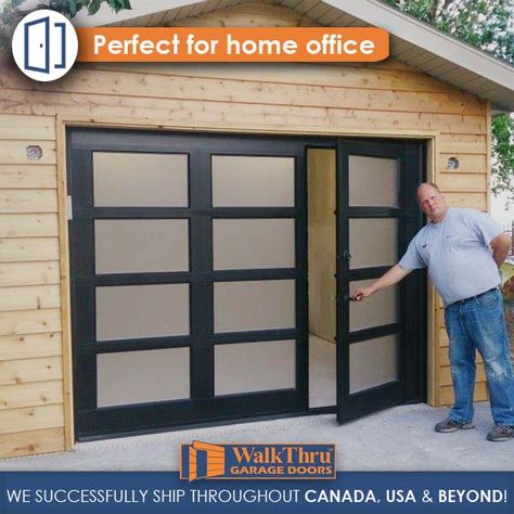 If you have empty space in your garage, why not maximize your space and creativity and consider turning it into a home office? ;)  We provide a new access point for home offices! Our WalkThru Garage Doors are both elegant and functional for any type of business.  We successfully ship throughout Canada, USA & beyond! Design your own door online and request a FREE quote by visiting our website Interior Garage Door, Garage Door Colors, Single Garage Door, Modern Garage Doors, Garage Floor Paint, Garage Door Types, Converted Garage, Garage Renovation, Glass Garage Door