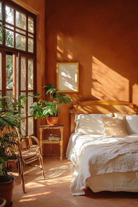 10 Earth Tone Paint Colors For Bedroom: Create a Cozy Space Beige Walls Aesthetic, Terracotta Room Color, Peaceful Cozy Bedroom, Rust Coloured Bedroom, Earth Tone Home Aesthetic, Brown Color Room, Earthy Boho Paint Colors, Two Tone Bedroom Walls Paint Colors, Bedroom Ideas Warm Colors